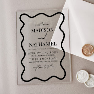 Black White Elegant Wavy Border Wedding Acrylic Invitations