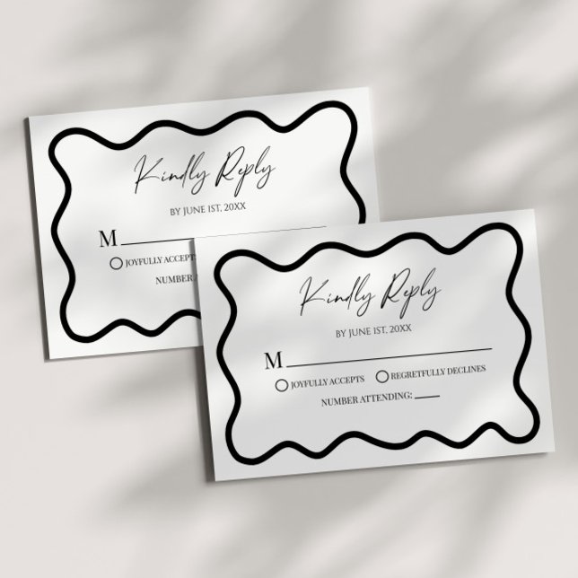 Black White Elegant Wavy Border Wedding RSVP Card (Creator Uploaded)