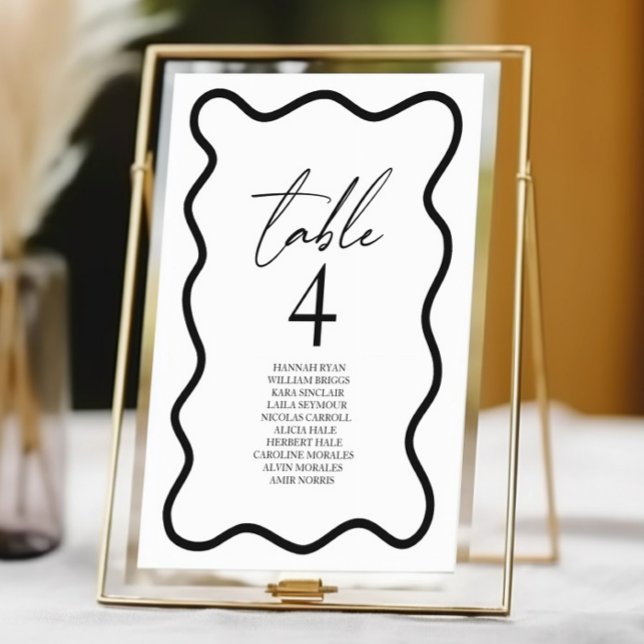 Black White Elegant Wavy Border Wedding Table Number (Creator Uploaded)