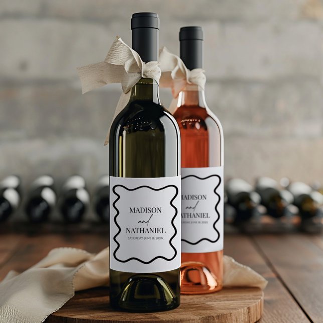 Black White Elegant Wavy Border Wedding Wine Label (Creator Uploaded)