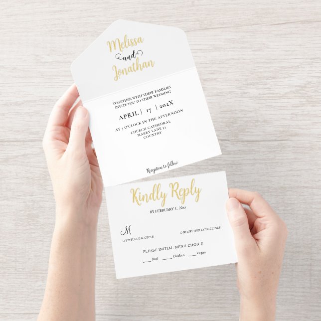 Black White Elegant Wedding Gold Foil All In One Invitation (Tearaway)