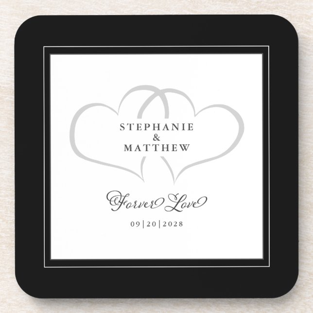 Black & White Elegant Wedding Hearts Forever Love Coaster (Front)