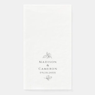 Black & White Elegant Wedding Leaves Names & Date Napkin
