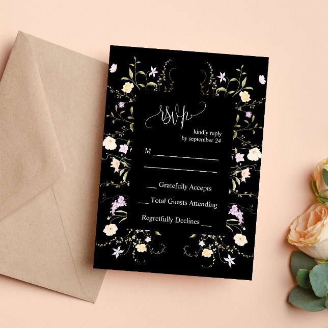Black & White Elegant Wildflower Wedding RSVP Card (Creator Uploaded)