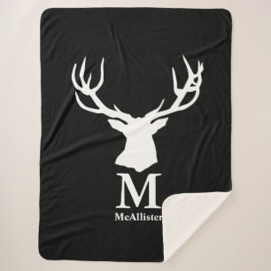 Black white elk deer buck monogram family name sherpa blanket