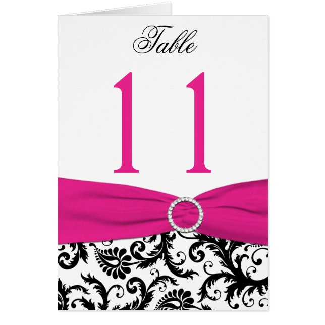 Black, White et Fuchsia Damask Table Number Card (Devant)