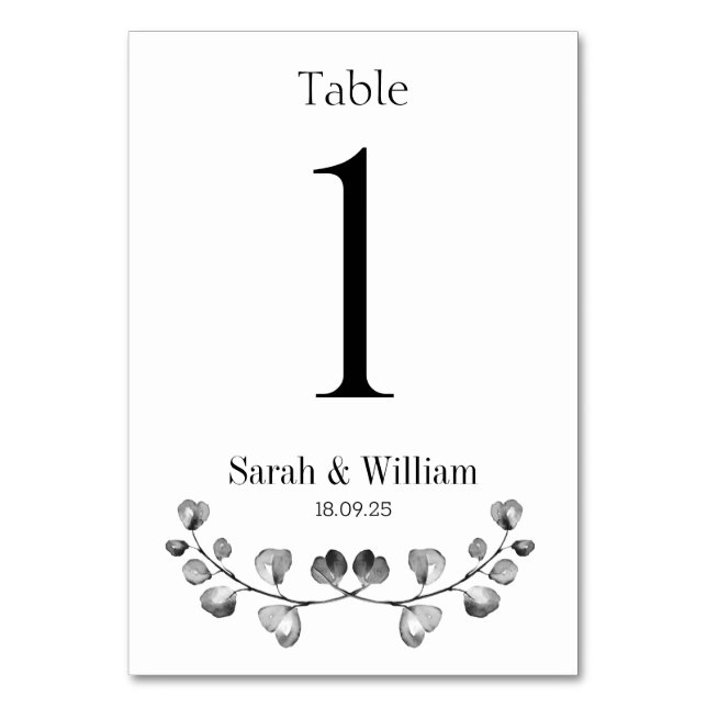 Black & White Eucalyptus Crest Wedding Table Number (Front)