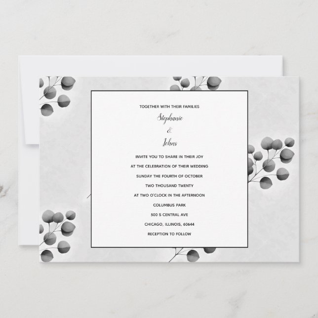 Black White Eucalyptus Leaves Pattern Cool Wedding Invitation (Front)