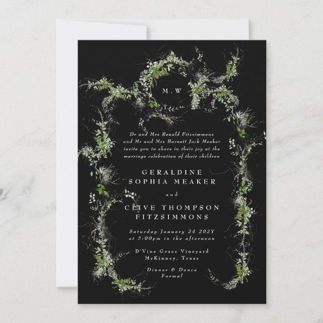 Black White Eucalyptus Wreath Monogram Wedding Invitation (Front)