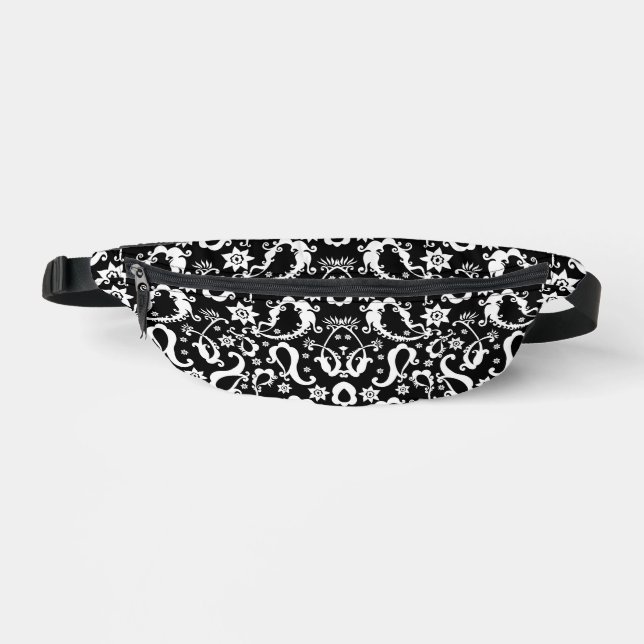 black white exquisite indian pattern fanny pack (Front)