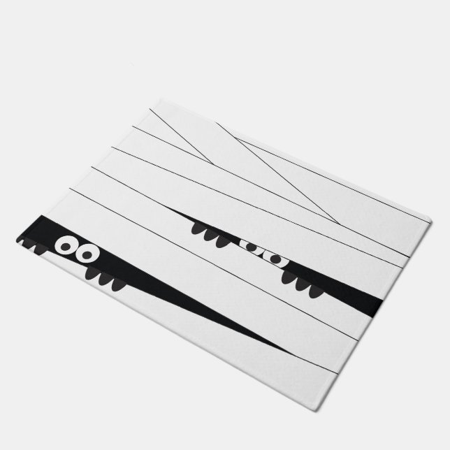 Black White Eyes Peeking Mummy Halloween Doormat (Angled)