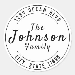 Black & White Family Name Address  Classic Round Sticker