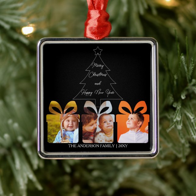 Black White Family Photo Minimalist Christmas Tree Metal Ornament (Tree)