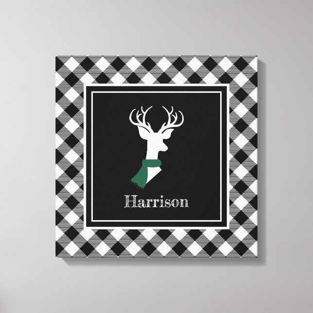 Black White Farmhouse Plaid Chic Deer Canvas Print (Front)