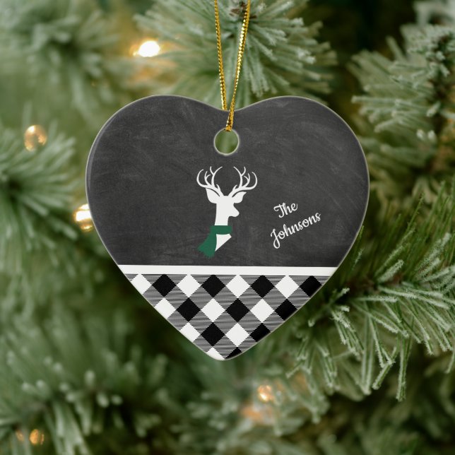 Black White Farmhouse Plaid Deer Chalkboard Name Ceramic Ornament (Tree)