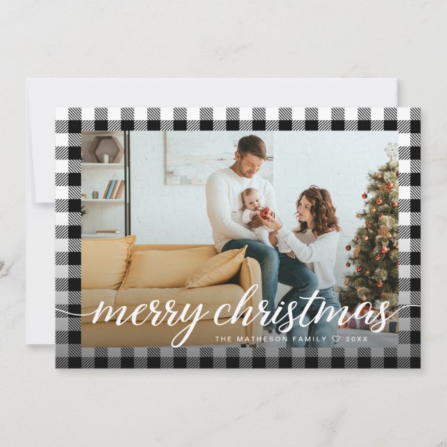 Black White Farmhouse Plaid Photo Merry Christmas  Holiday Card (Front)