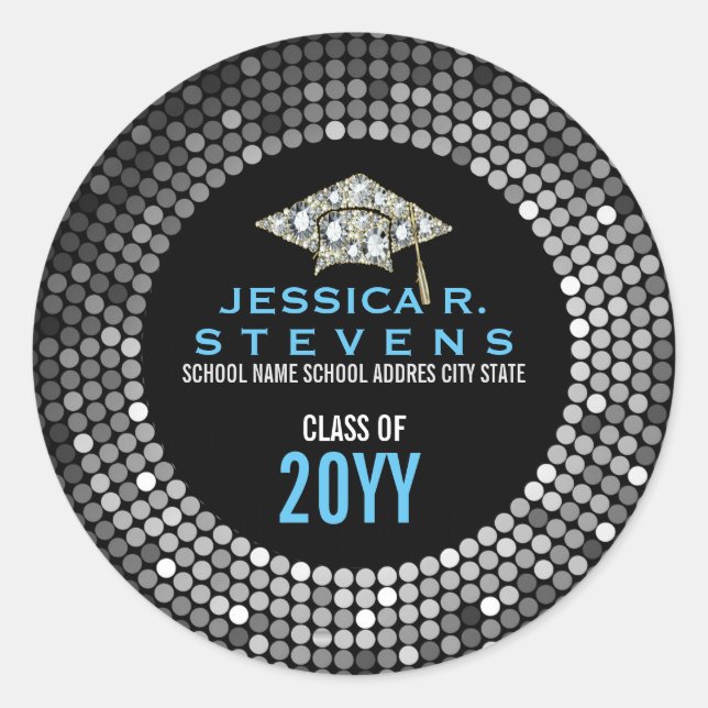 Black & White Faux Glitter Graduation Hat Classic Round Sticker (Front)