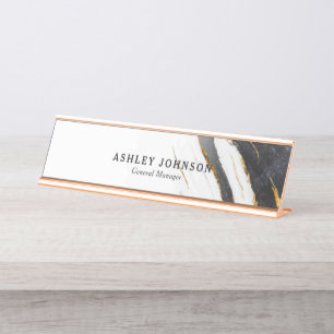 Black White Faux Gold Foil Marble Custom Desk Name Plate
