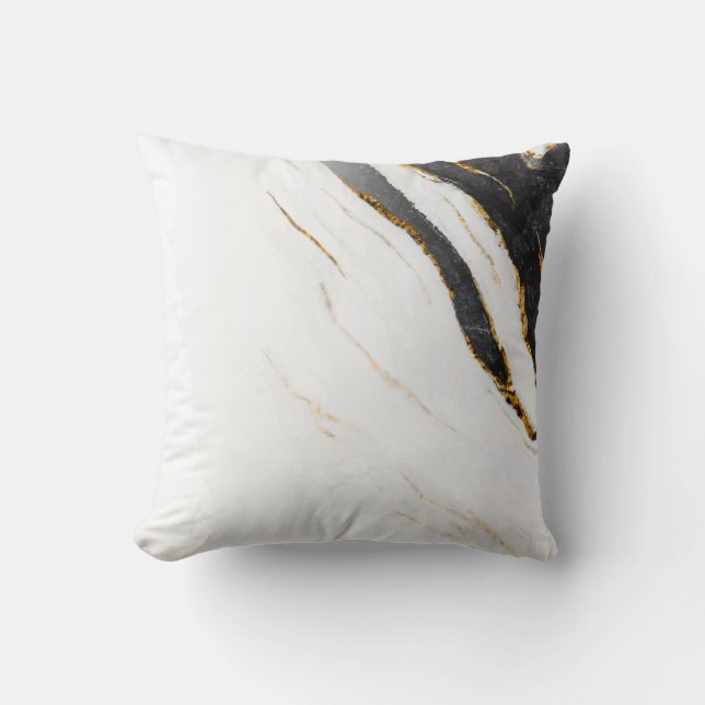 Black White Faux Gold Foil Marble Patterned Throw Pillow (Front)