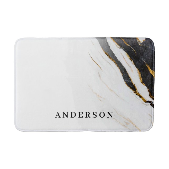 Black White Faux Gold Foil Marble Personalized Bath Mat (Front)