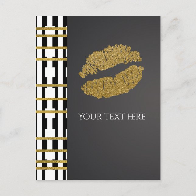 Black White & Faux Gold Shimmer Lips Event Postcard (Front)