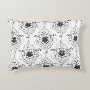 Black White Faux Lace Flowers Accent Pillow