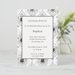 Black White Faux Lace Flowers Birthday  Invitation