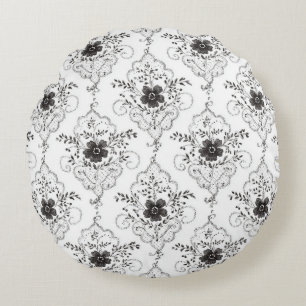 Black White Faux Lace Flowers Round Pillow