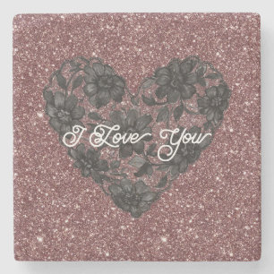 Black White Faux Lace Heart Floral  Stone Coaster