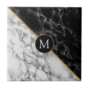 Black White Faux Marble Personalized Letter Tile