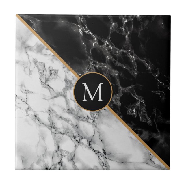 Black White Faux Marble Personalized Letter Tile (Front)