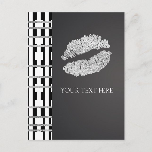 Black White & Faux Silver Shimmer Lips Event Postcard (Front)