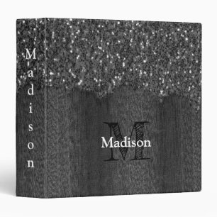 Black white faux sparkles rustic wood Monogram Binder