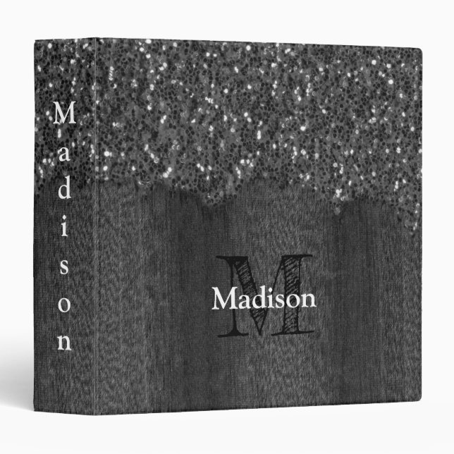 Black white faux sparkles rustic wood Monogram Binder (Front/Spine)