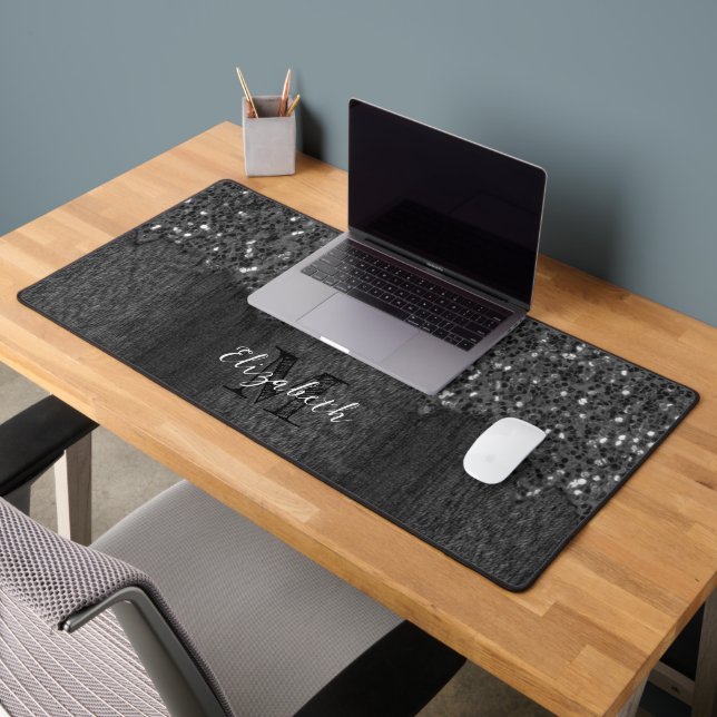 Black white faux sparkles rustic wood Monogram Desk Mat (Office 2)