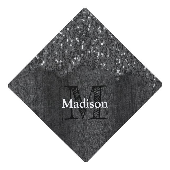 Black white faux sparkles rustic wood Monogram Graduation Cap Topper (Front)
