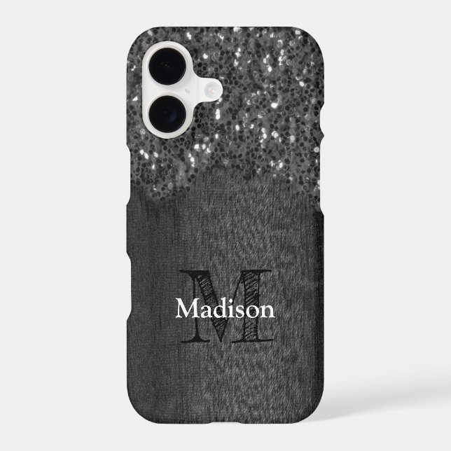 Black white faux sparkles rustic wood Monogram iPhone Case (Back)