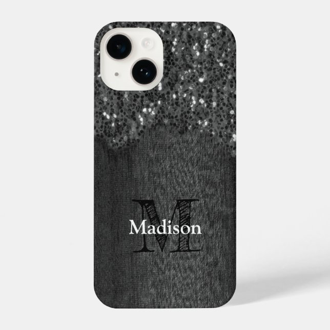 Black white faux sparkles rustic wood Monogram iPhone Case (Back)