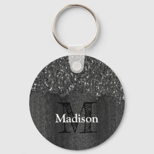 Black white faux sparkles rustic wood Monogram Keychain