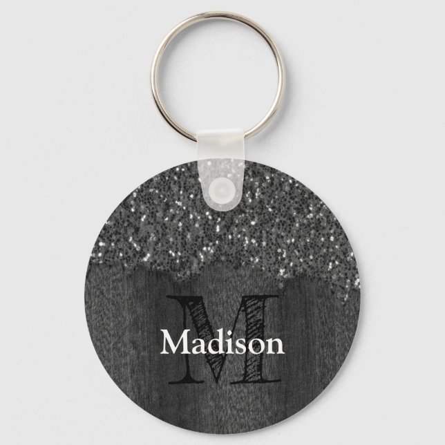Black white faux sparkles rustic wood Monogram Keychain (Front)