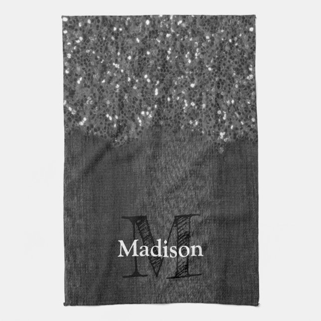 Black white faux sparkles rustic wood Monogram Kitchen Towel (Vertical)