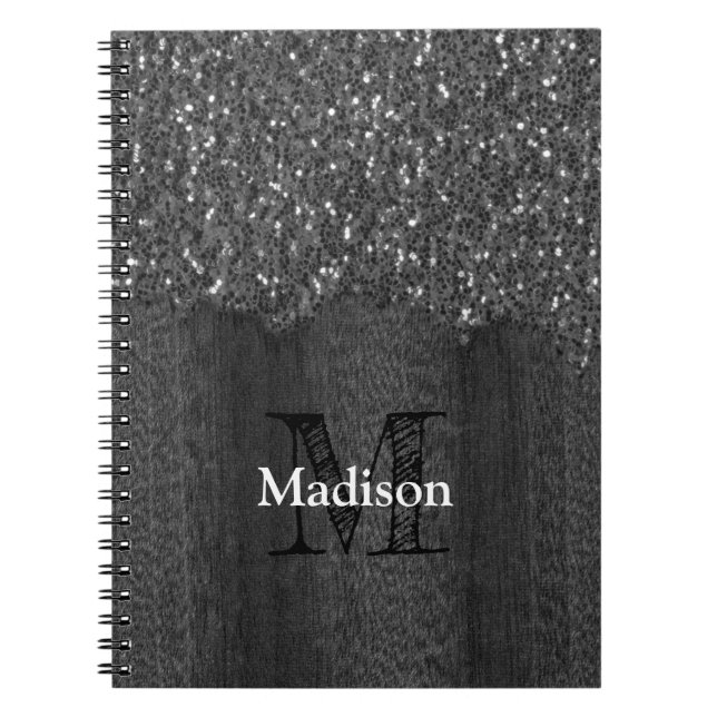 Black white faux sparkles rustic wood Monogram Notebook (Front)