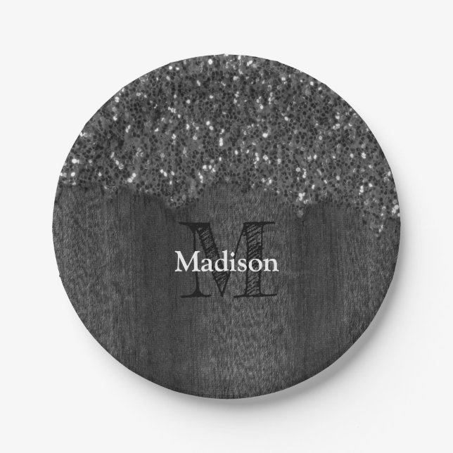 Black white faux sparkles rustic wood Monogram Paper Plate (Front)