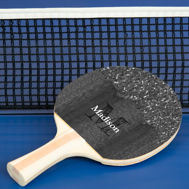 Black white faux sparkles rustic wood Monogram Ping Pong Paddle (Insitu)