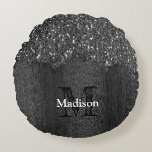 Black white faux sparkles rustic wood Monogram Round Pillow