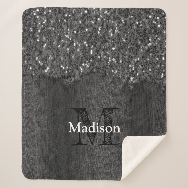 Black white faux sparkles rustic wood Monogram Sherpa Blanket (Front)