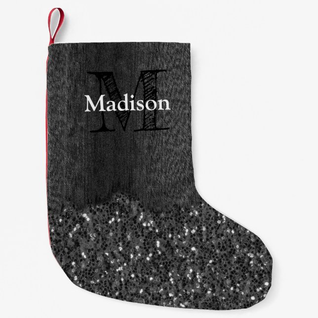 Black white faux sparkles rustic wood Monogram Small Christmas Stocking (Front)