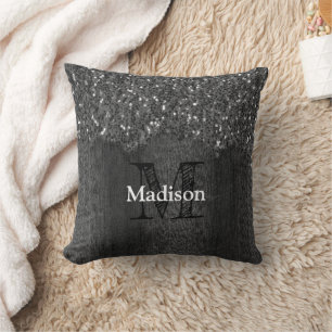 Black white faux sparkles rustic wood Monogram Throw Pillow