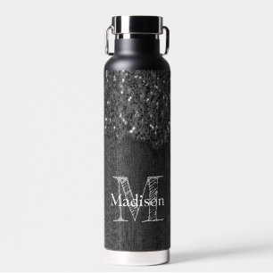 Black white faux sparkles rustic wood Monogram Water Bottle
