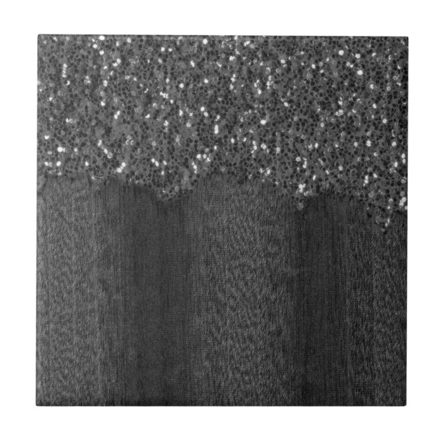 Black white faux sparkles rustic wood tile (Front)